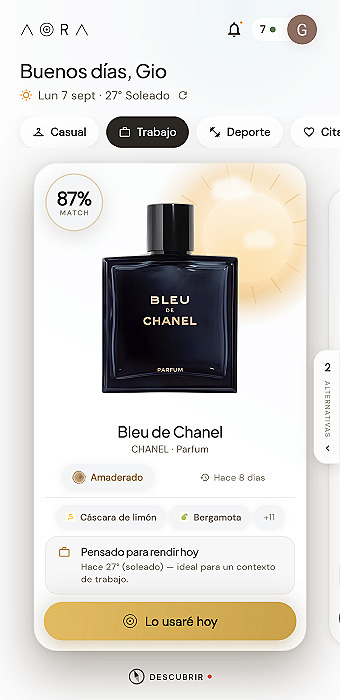 Écran d’accueil d’Aora avec la recommandation du jour